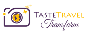 Taste Travel Transform logo: a minimalist camera outline with a globe as the lens and butterflies, symbolizing photographic storytelling and transformation.