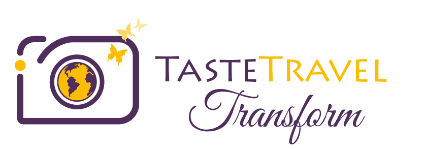 Taste Travel Transform logo: a minimalist camera outline with a globe as the lens and butterflies, symbolizing photographic storytelling and transformation.