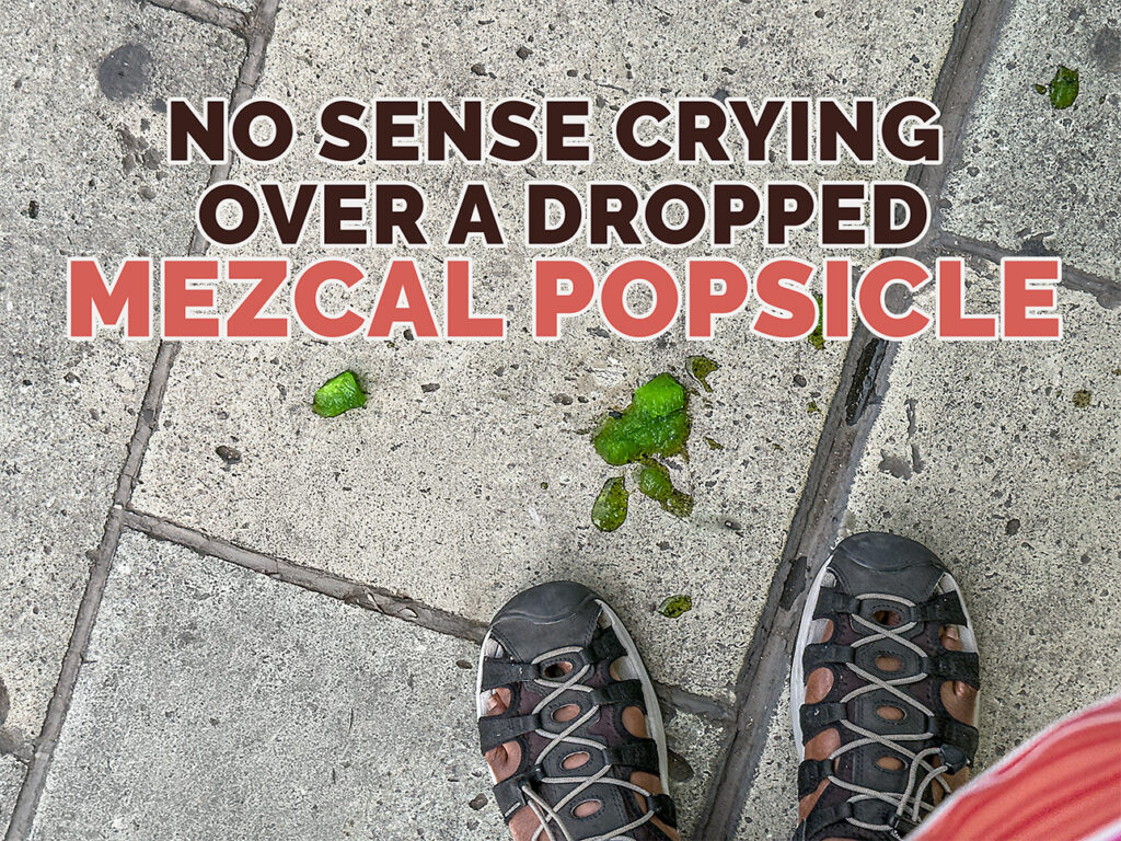 My Mezcal Popsicle where it fell on the ground at my feet, plus text “No Sense Crying Over a Dropped Mezcal Popsicle”
