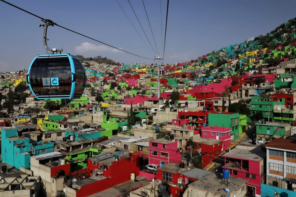 Cable car and aerial view of the city
