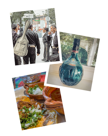 Three-photo collage featuring: a group of mariachis on a city sidewalk, a decorative bottle of licor de tequila, and Birria tacos with consommé.