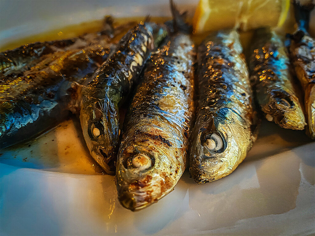 Close up of sardines with a lemon wedge in Greece