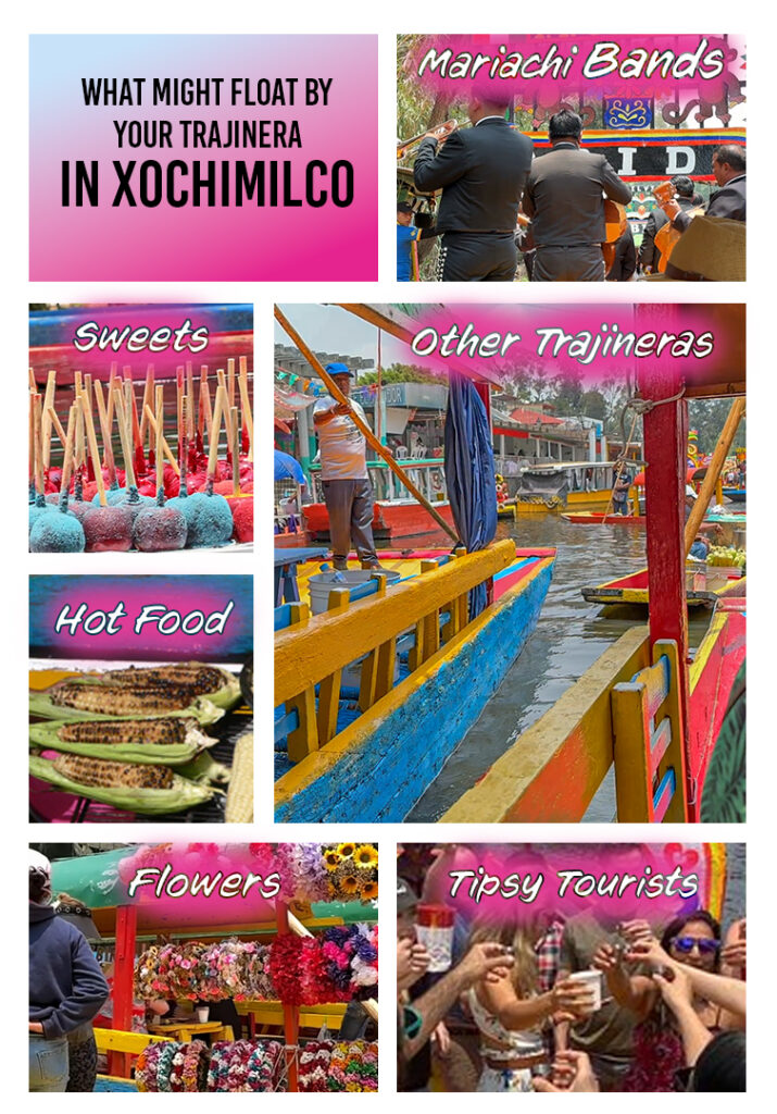 Collage of vendor and food seen from our trajinera (colorful boat) on the canals of Xochimilco