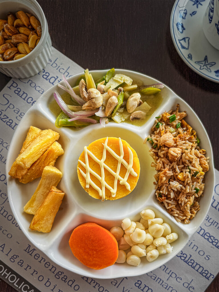 Sampler plate of five traditional Peruvian dishes