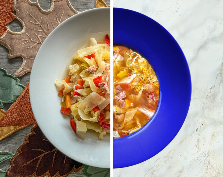 Split view of bowls of soup — the original Mel’s Cabbage and Pork Comfort Soup on the left and the upgraded Thai hot pot version on the right
