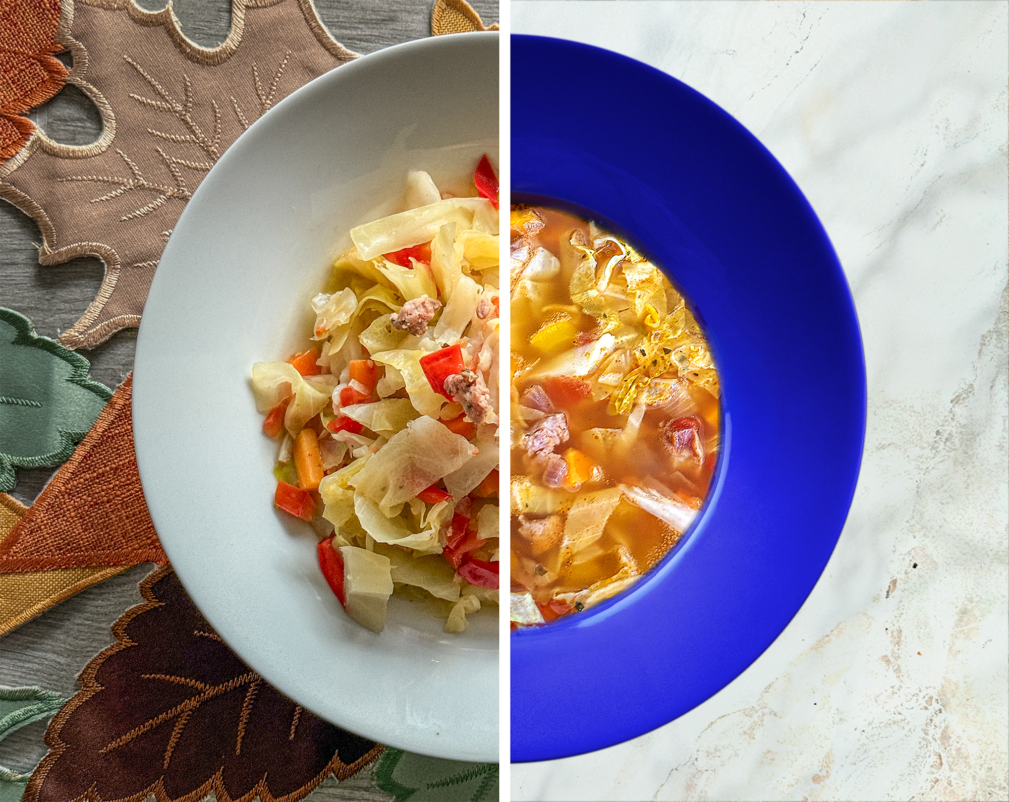 Split view of bowls of soup — the original Mel’s Cabbage and Pork Comfort Soup on the left and the upgraded Thai hot pot version on the right